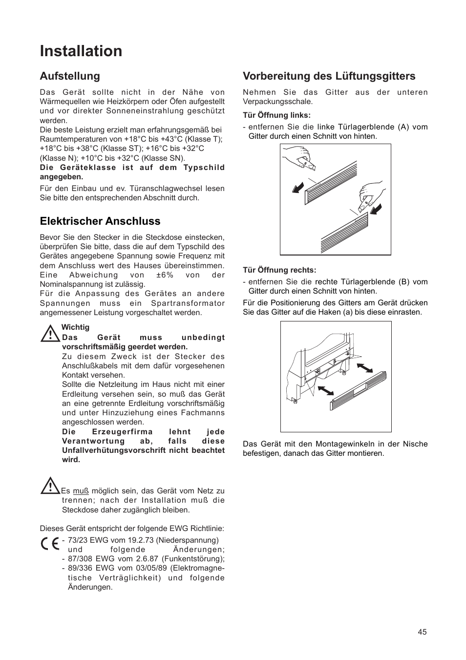 Installation, Elektrischer anschluss, Aufstellung | Vorbereitung des lÿftungsgitters | DE DIETRICH DFF310JE1 User Manual | Page 45 / 76