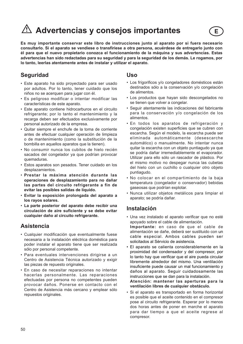 Advertencias y consejos importantes, Seguridad, Asistencia | Instalaci—n | DE DIETRICH DFF310JE1 User Manual | Page 50 / 76