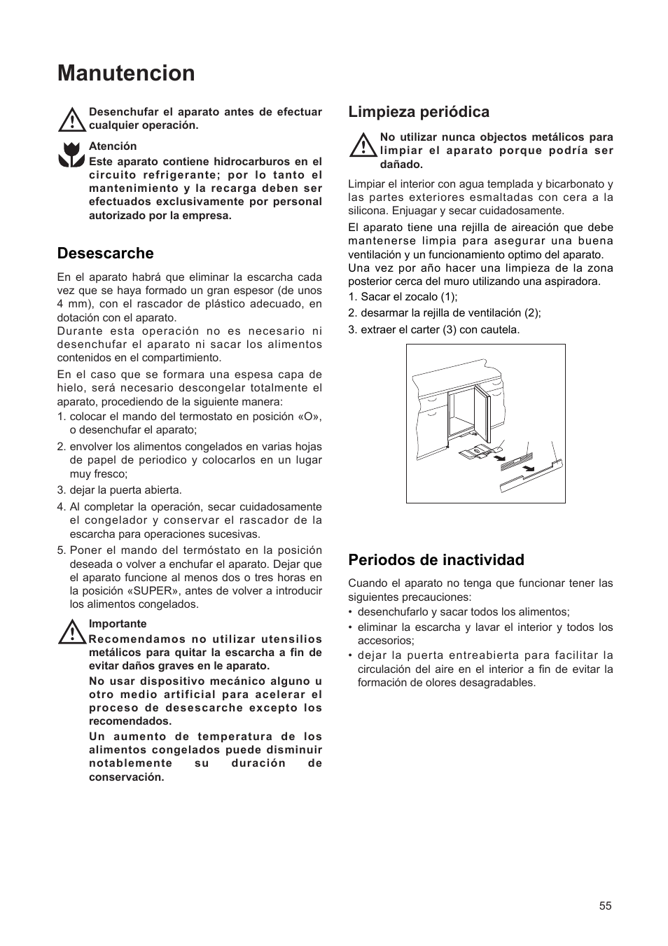 Manutencion, Desescarche, Periodos de inactividad | Limpieza peri—dica | DE DIETRICH DFF310JE1 User Manual | Page 55 / 76