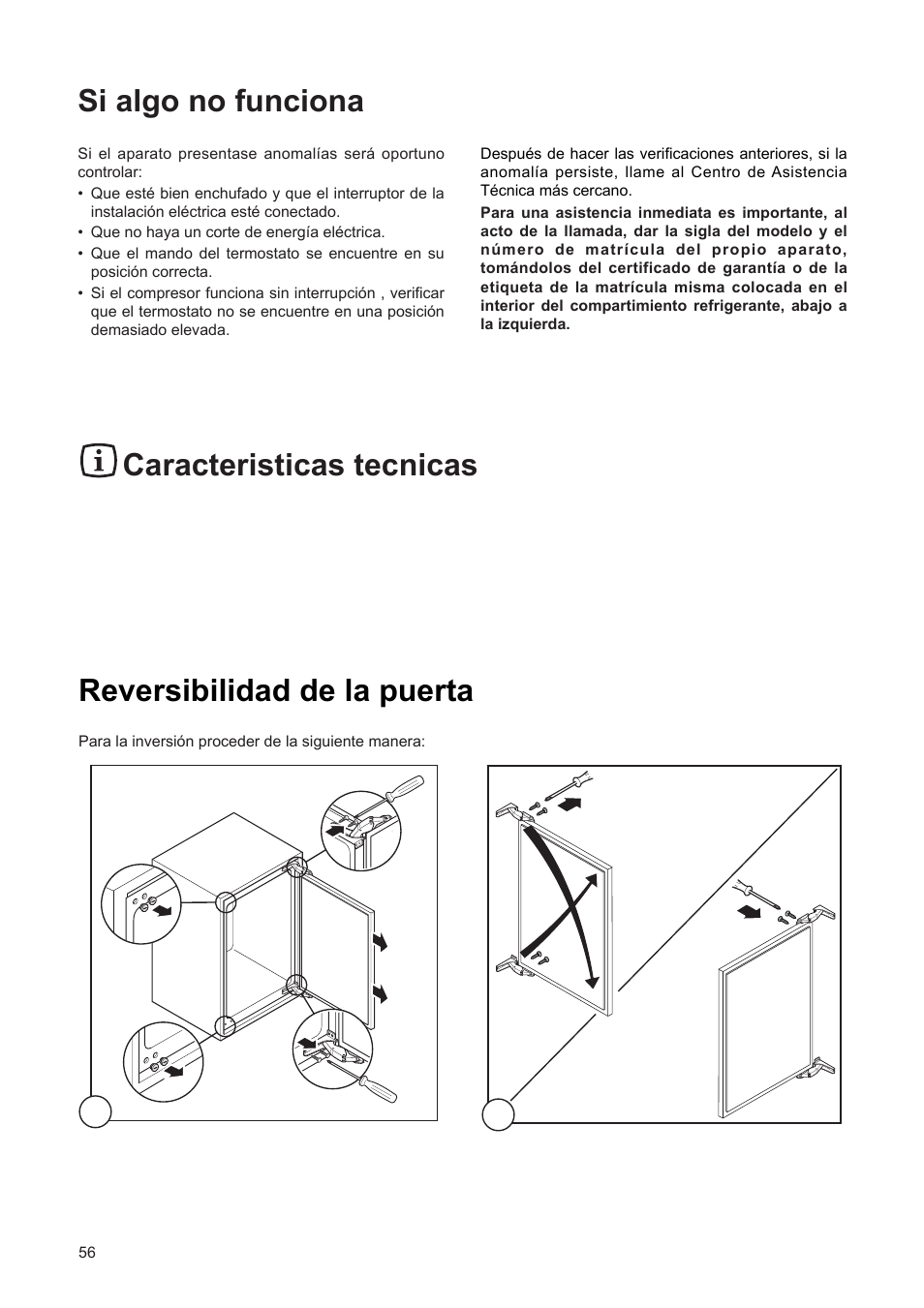 Caracteristicas tecnicas, Si algo no funciona, Reversibilidad de la puerta | DE DIETRICH DFF310JE1 User Manual | Page 56 / 76