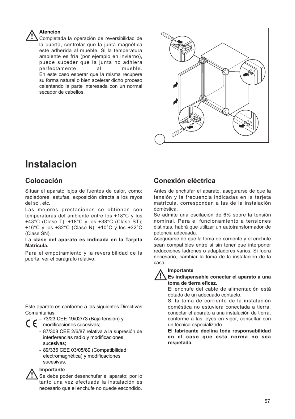 Instalacion, Colocaci—n, Conexi—n elžctrica | DE DIETRICH DFF310JE1 User Manual | Page 57 / 76