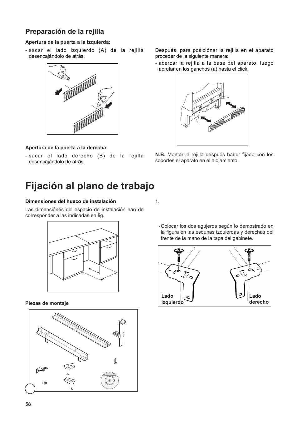 Fijaci—n al plano de trabajo, Preparaci—n de la rejilla | DE DIETRICH DFF310JE1 User Manual | Page 58 / 76