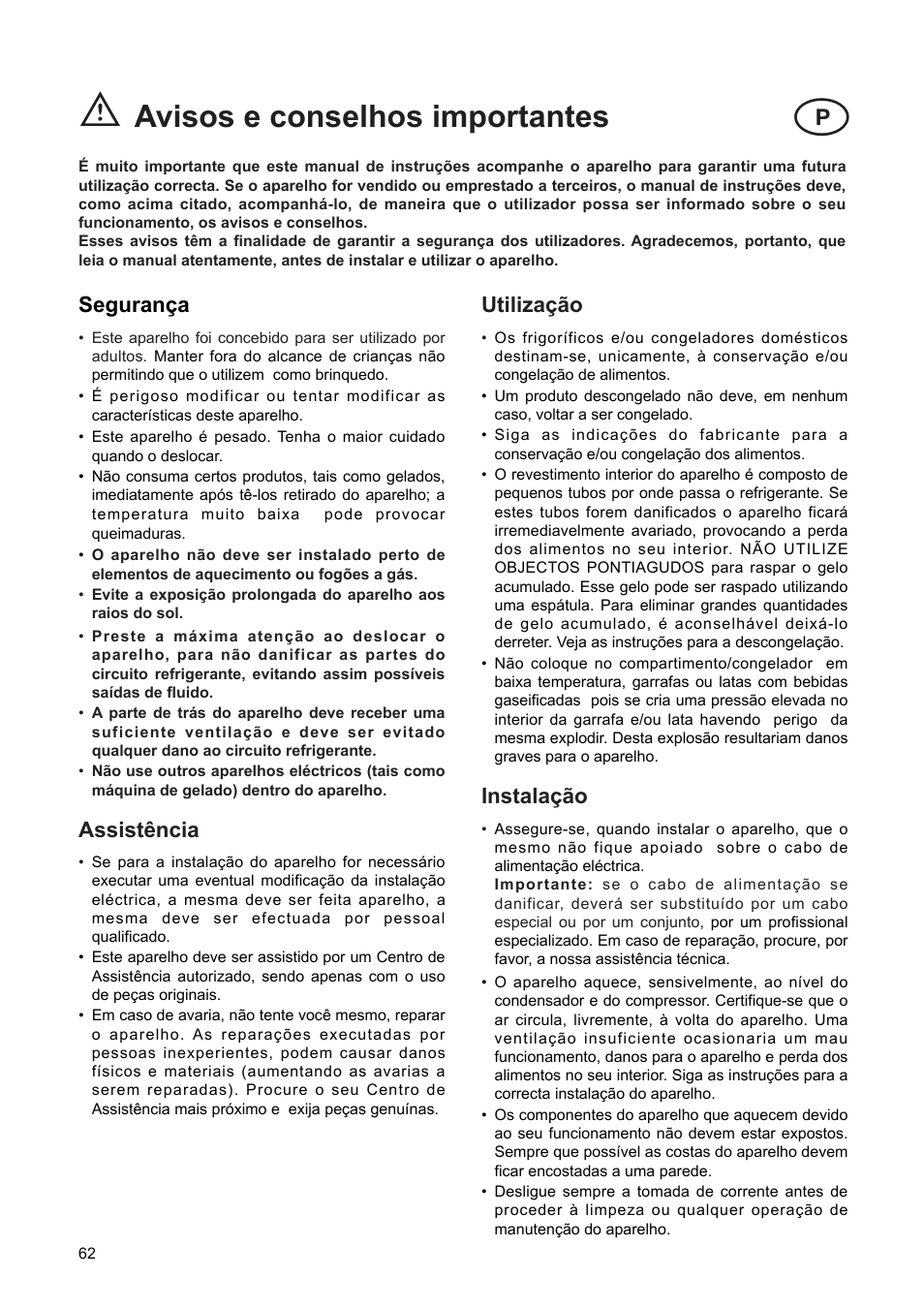 Avisos e conselhos importantes, Utiliza•‹o, Instala•‹o | Seguran•a, Assist•ncia | DE DIETRICH DFF310JE1 User Manual | Page 62 / 76