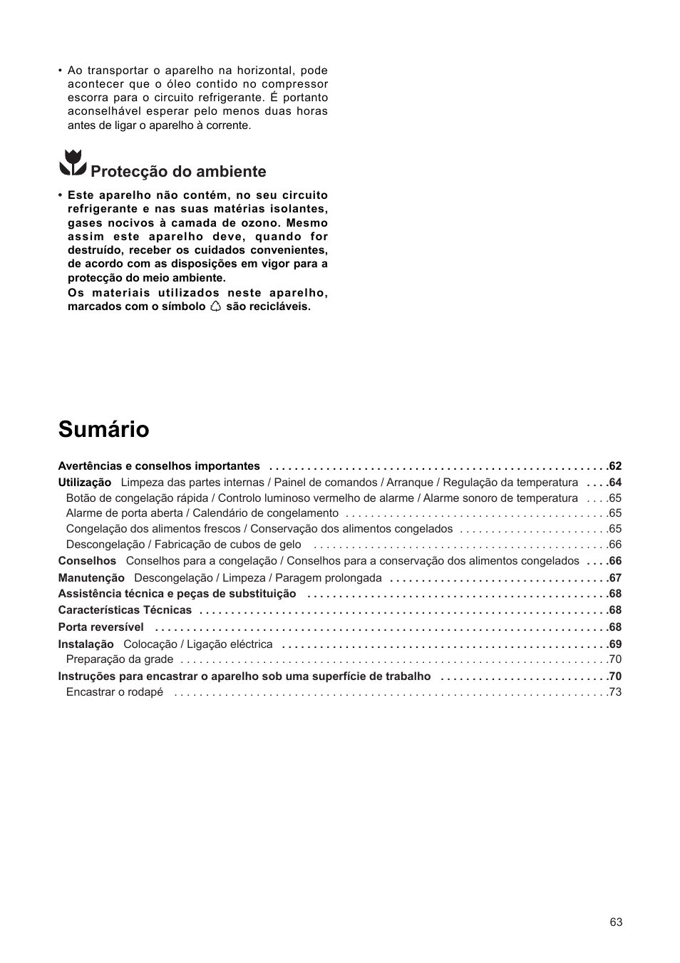 Sum‡rio, Protec•‹o do ambiente | DE DIETRICH DFF310JE1 User Manual | Page 63 / 76