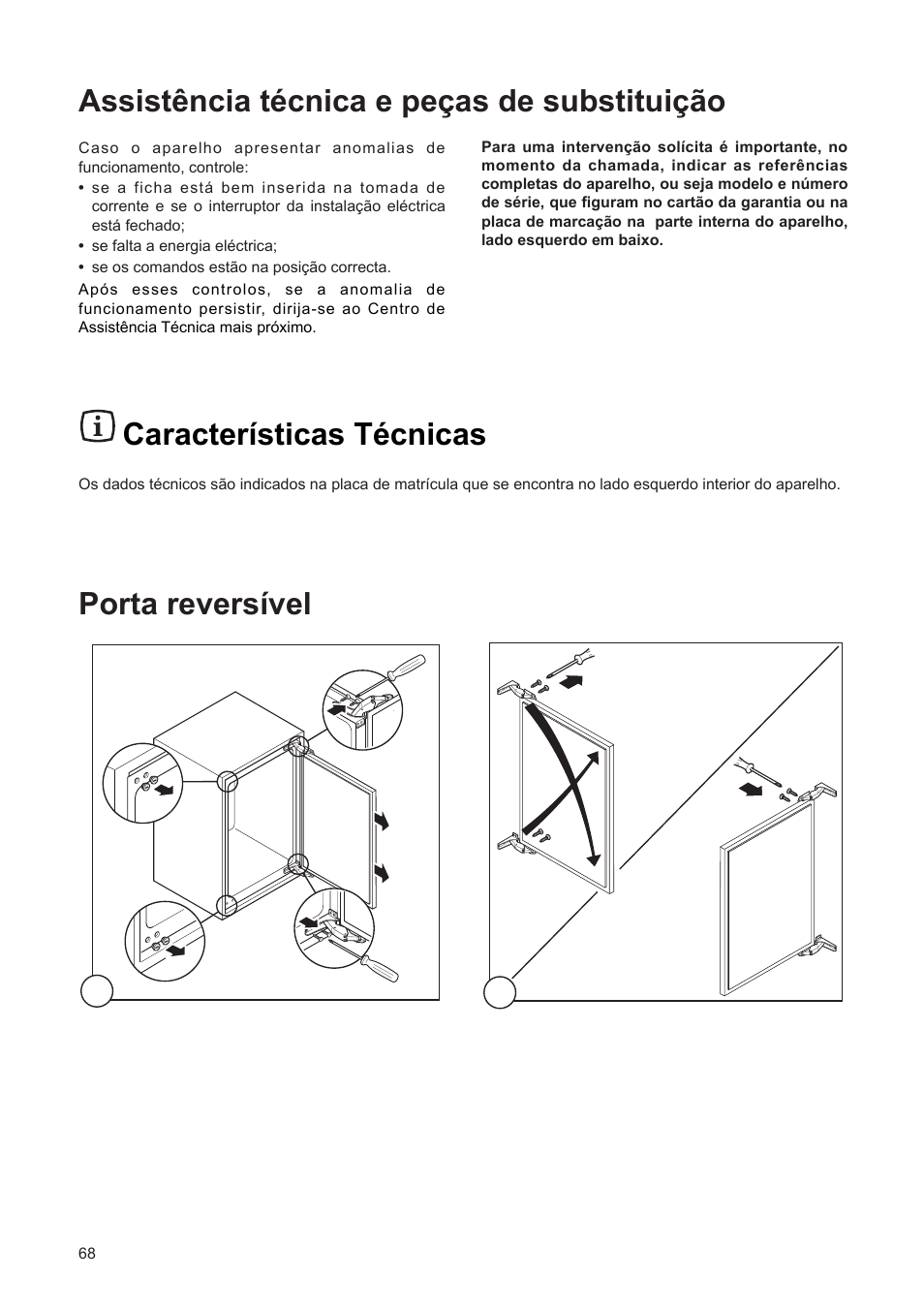 Assist•ncia tžcnica e pe•as de substitui•‹o, Caracter’sticas tžcnicas, Porta revers’vel | DE DIETRICH DFF310JE1 User Manual | Page 68 / 76