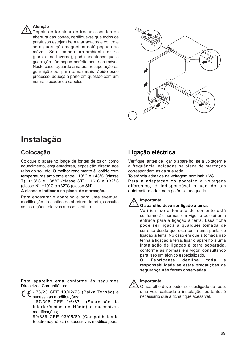 Instala•‹o, Coloca•‹o, Liga•‹o elžctrica | DE DIETRICH DFF310JE1 User Manual | Page 69 / 76