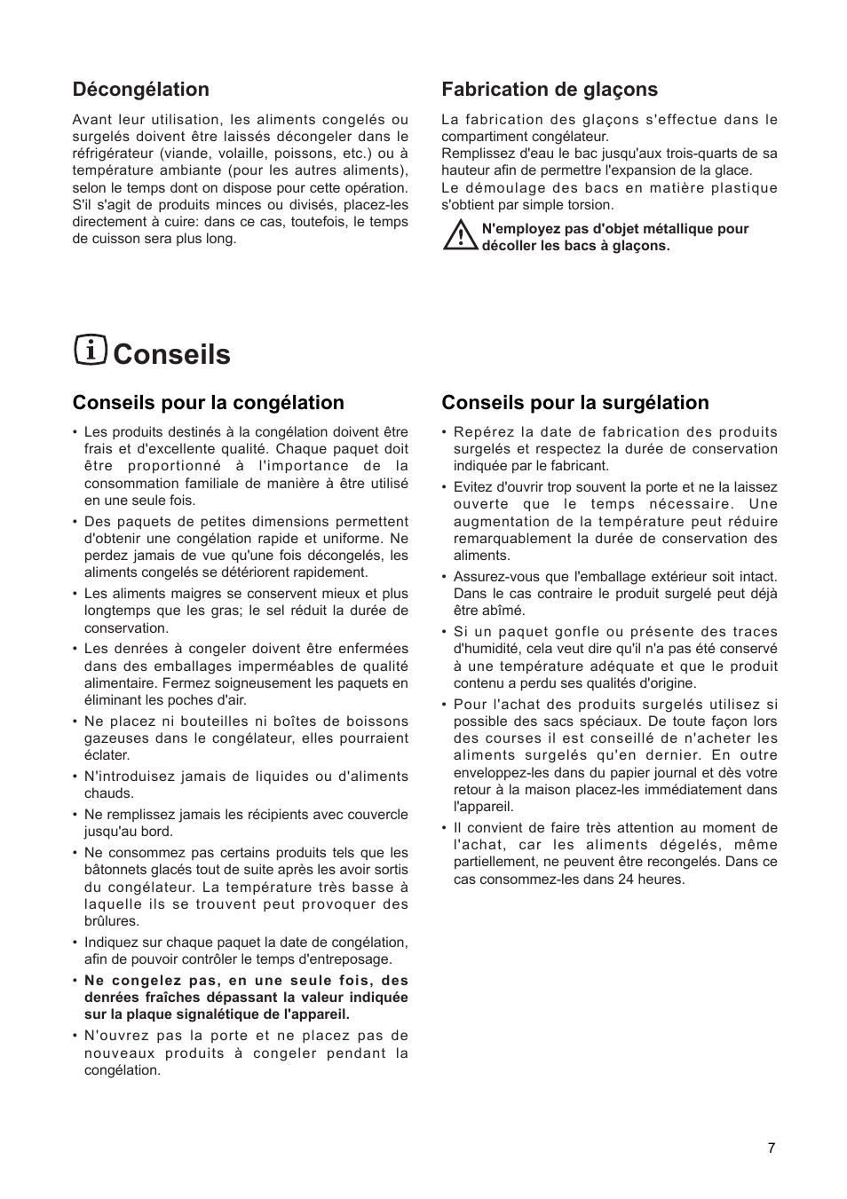 Conseils, Conseils pour la congžlation, Džcongžlation | Fabrication de gla•ons, Conseils pour la surgžlation | DE DIETRICH DFF310JE1 User Manual | Page 7 / 76