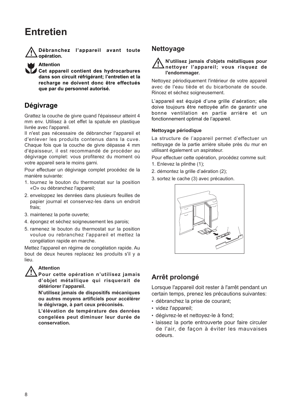 Entretien, Nettoyage, Arr•t prolongž | Džgivrage | DE DIETRICH DFF310JE1 User Manual | Page 8 / 76