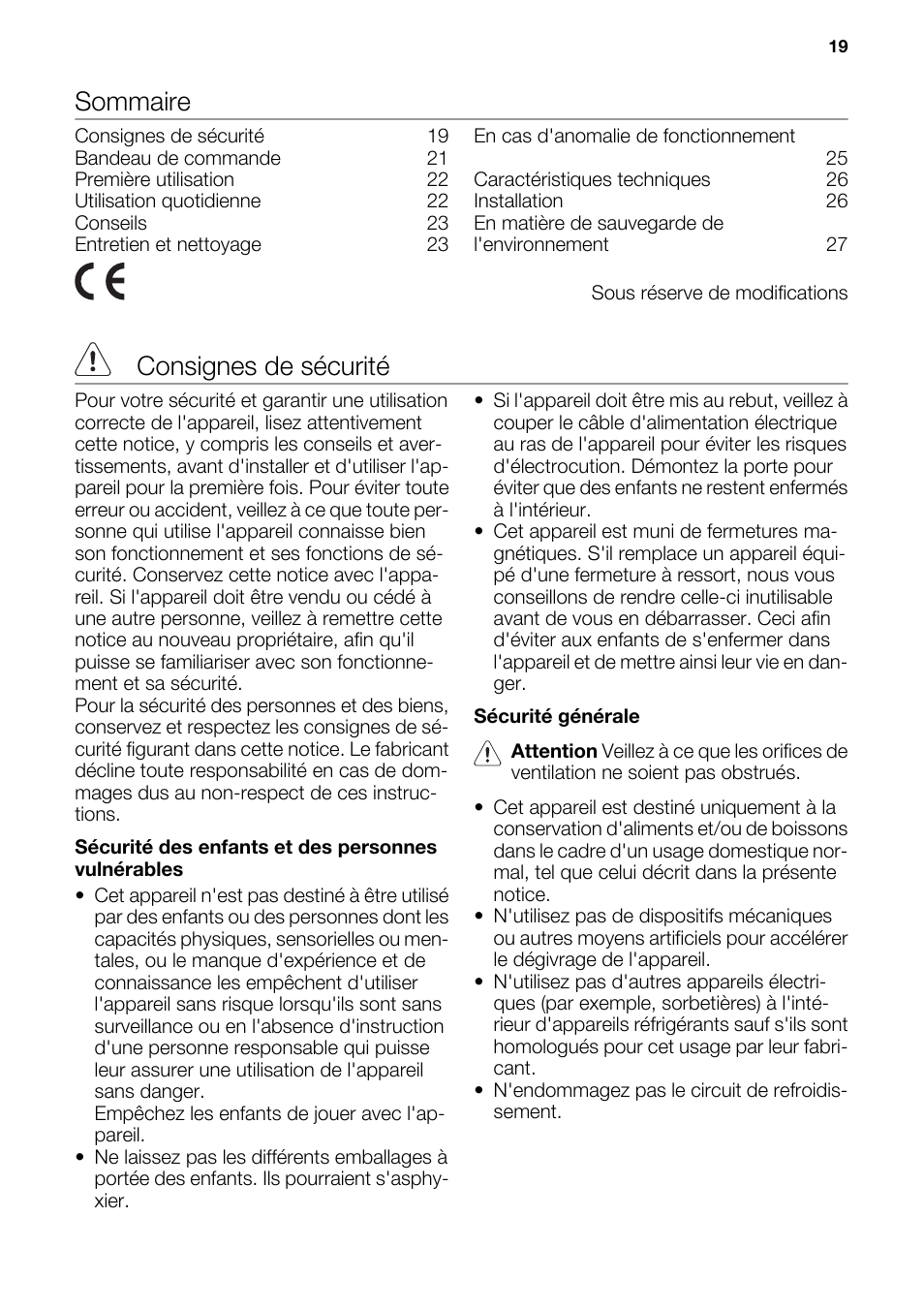 Sommaire, Consignes de sécurité | DE DIETRICH DFF910JE User Manual | Page 19 / 56