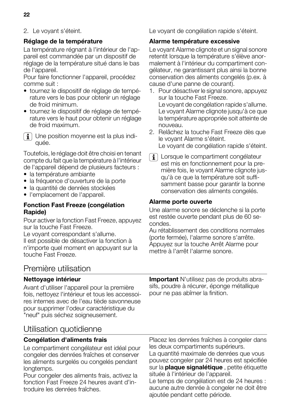 Première utilisation, Utilisation quotidienne | DE DIETRICH DFF910JE User Manual | Page 22 / 56