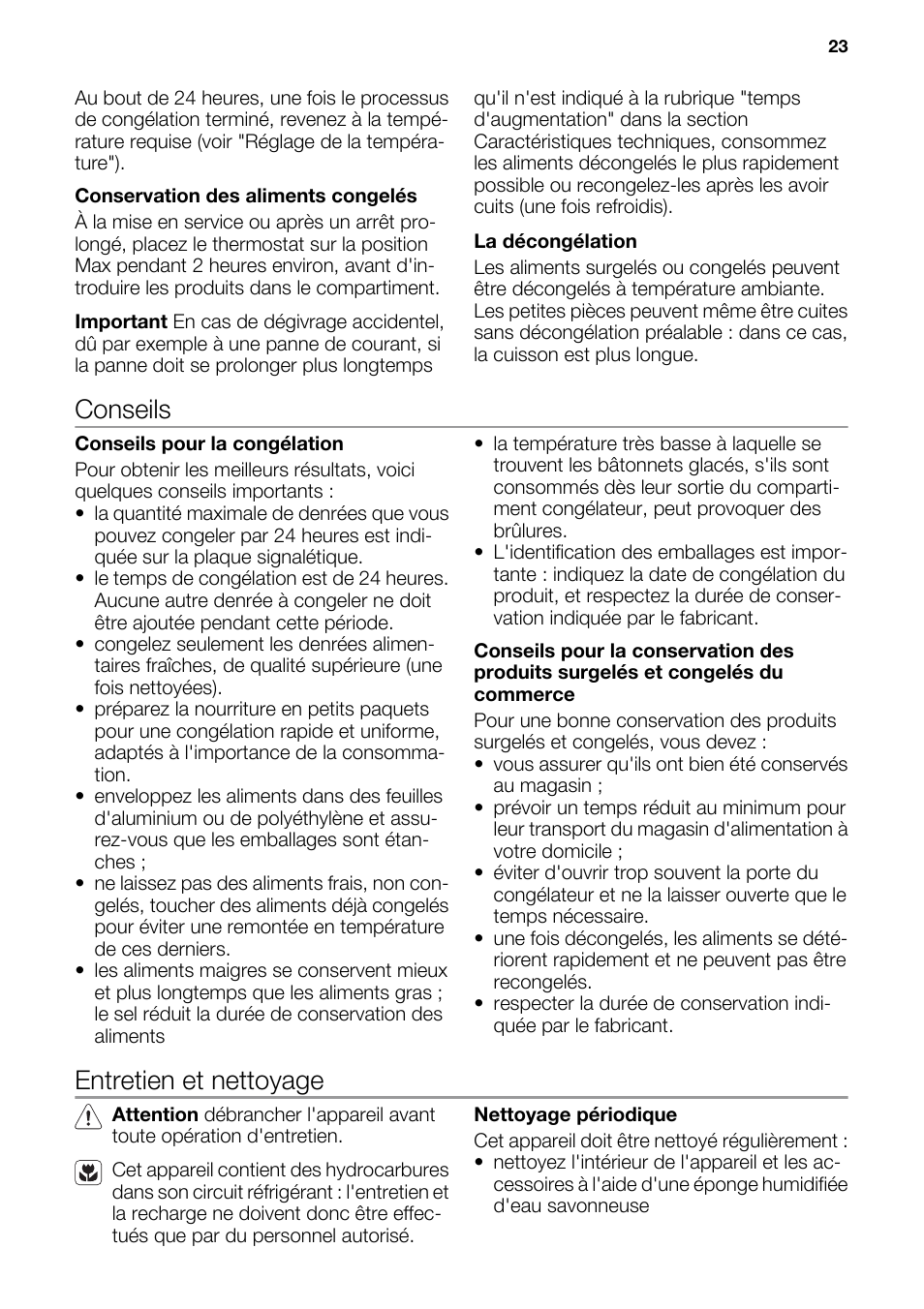 Conseils, Entretien et nettoyage | DE DIETRICH DFF910JE User Manual | Page 23 / 56