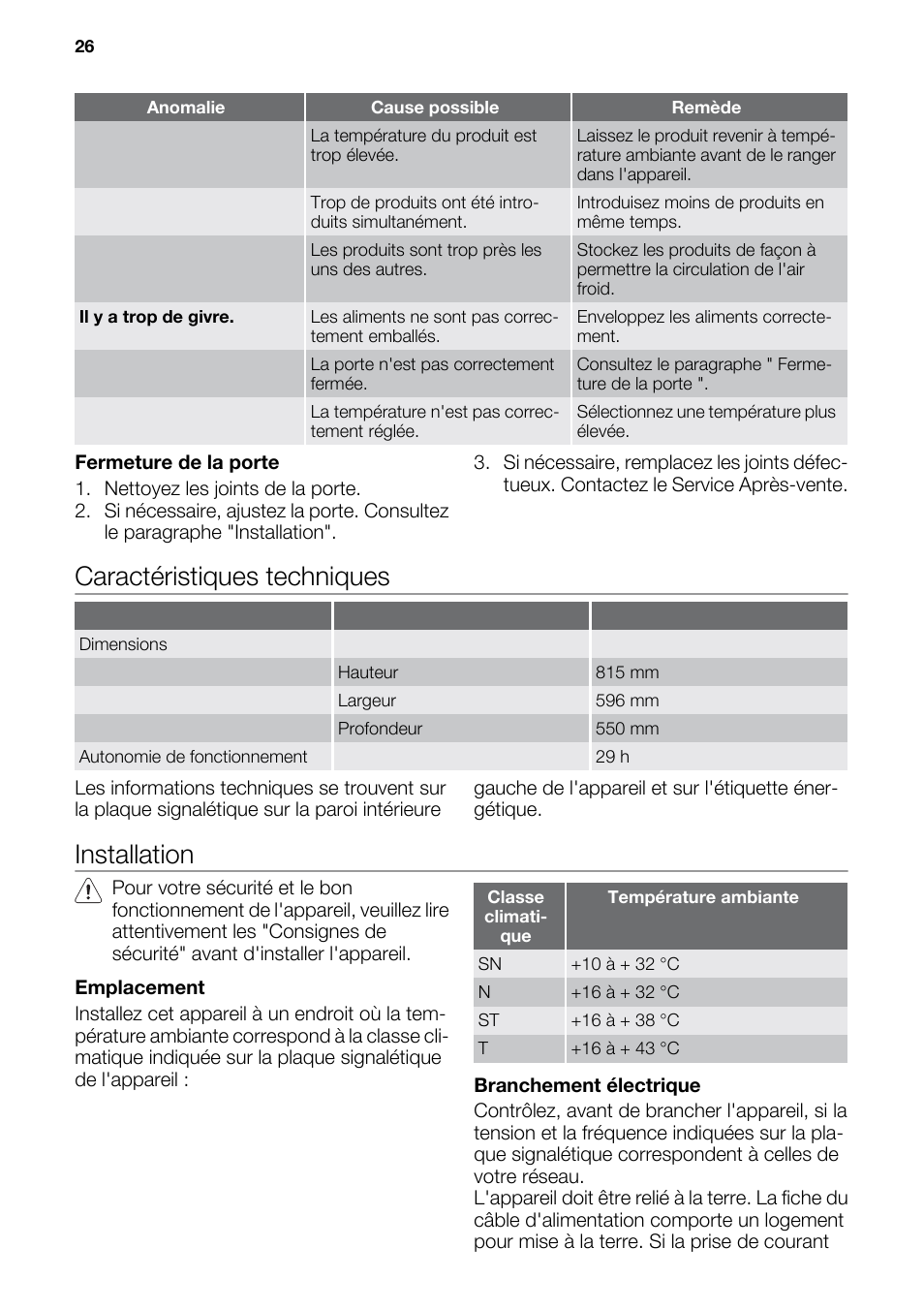 Caractéristiques techniques, Installation | DE DIETRICH DFF910JE User Manual | Page 26 / 56