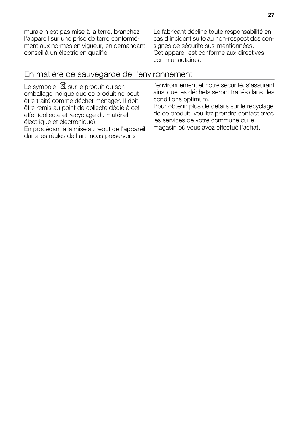 En matière de sauvegarde de l'environnement | DE DIETRICH DFF910JE User Manual | Page 27 / 56