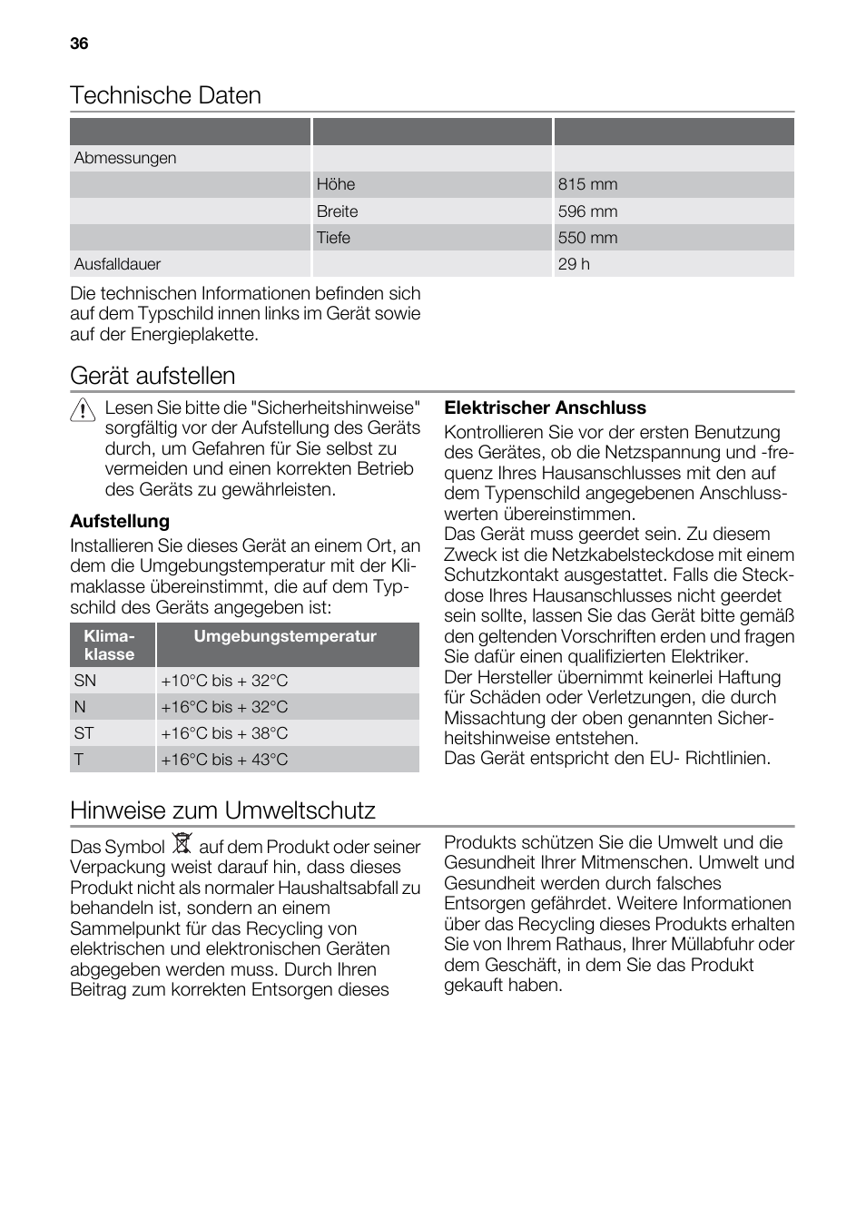 Technische daten, Gerät aufstellen, Hinweise zum umweltschutz | DE DIETRICH DFF910JE User Manual | Page 36 / 56