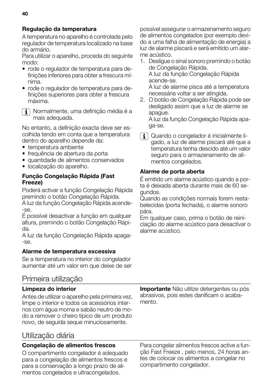 Primeira utilização, Utilização diária | DE DIETRICH DFF910JE User Manual | Page 40 / 56