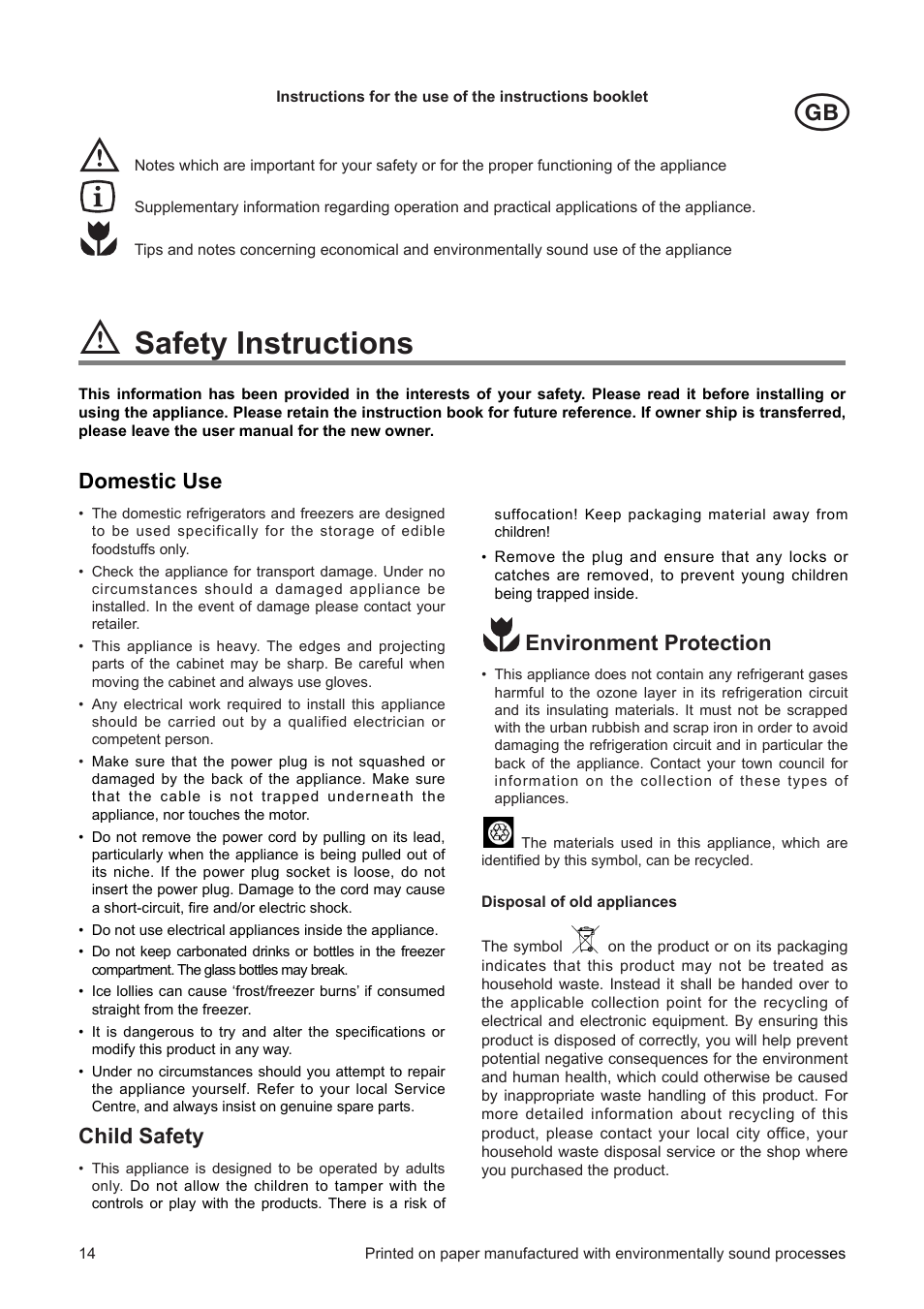 Safety instructions, Environment protection, Domestic use | Child safety | DE DIETRICH DFS511JE1 User Manual | Page 2 / 12
