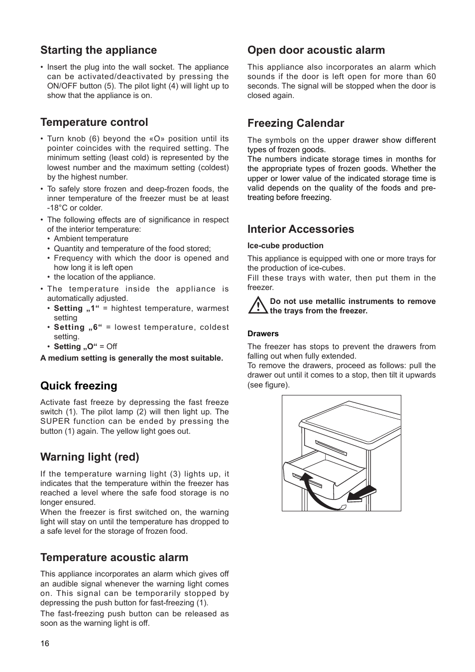 Temperature acoustic alarm, Open door acoustic alarm, Freezing calendar | Starting the appliance, Temperature control, Quick freezing, Warning light (red), Interior accessories | DE DIETRICH DFS511JE1 User Manual | Page 4 / 12