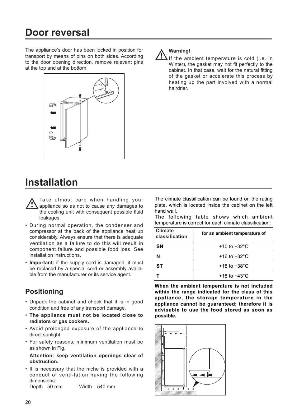 Door reversal, Installation, Positioning | DE DIETRICH DFS511JE1 User Manual | Page 8 / 12