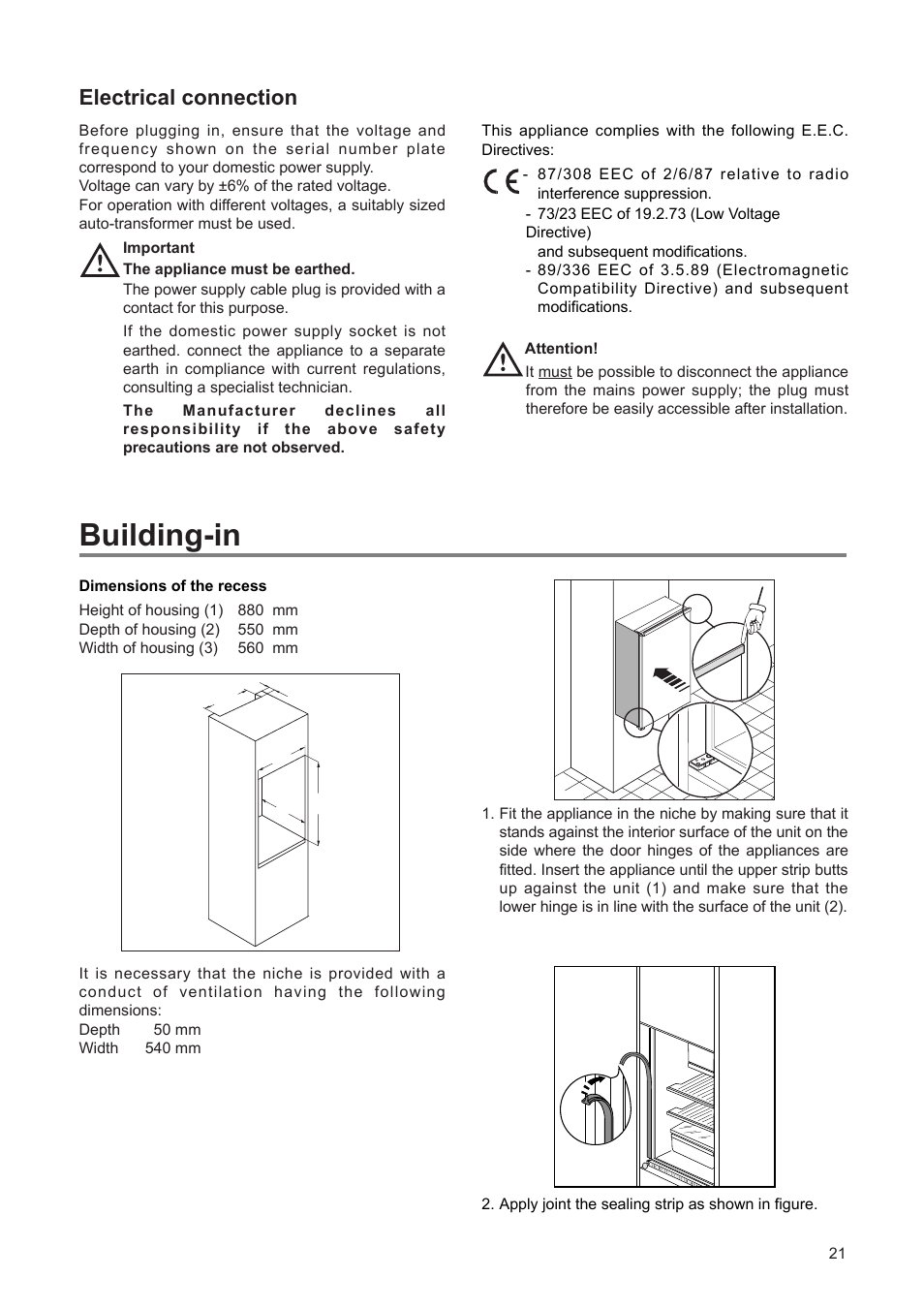 Building-in, Electrical connection | DE DIETRICH DFS511JE1 User Manual | Page 9 / 12