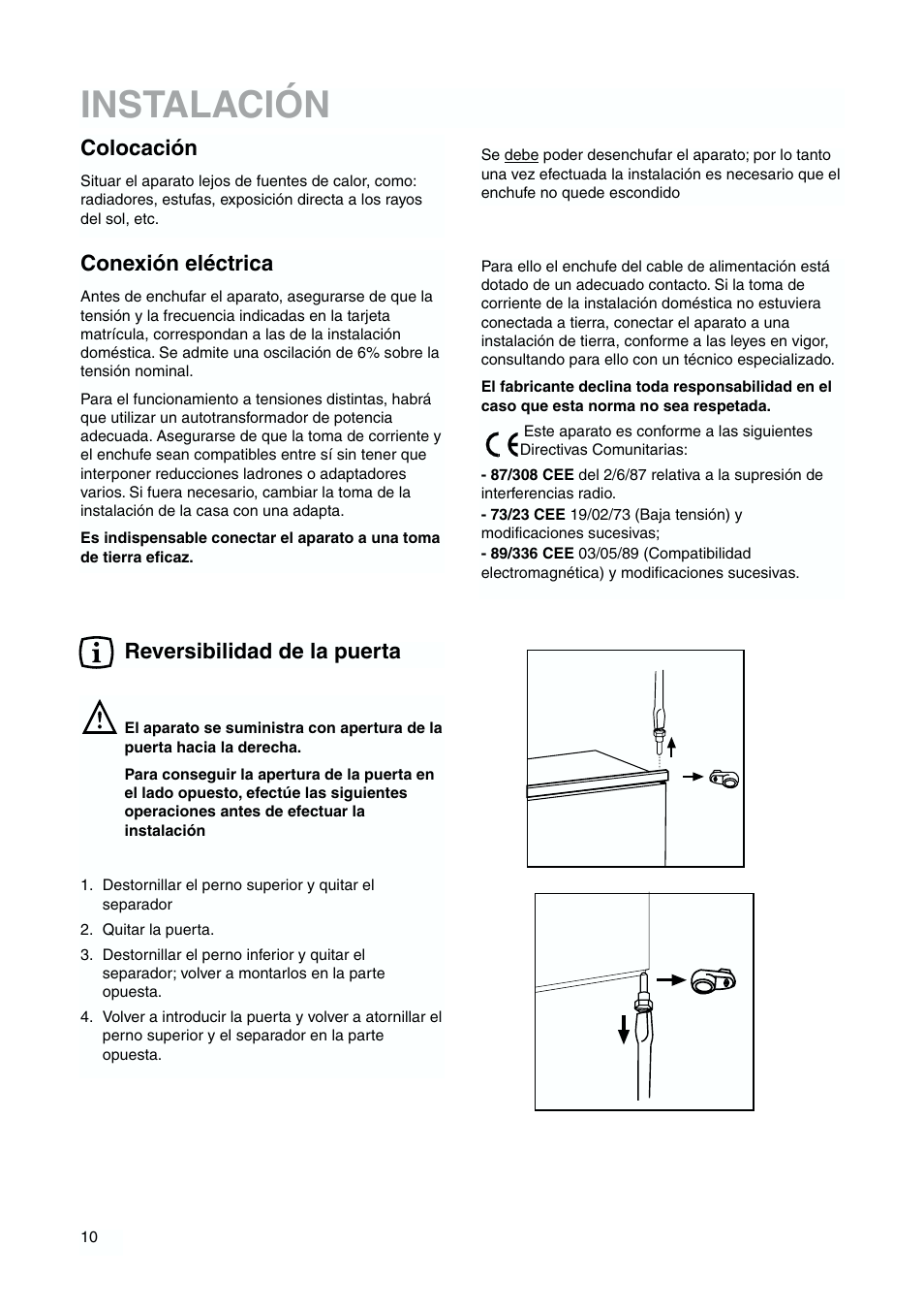 Instalación, Conexión eléctrica, Colocación | Reversibilidad de la puerta | DE DIETRICH DFS620JE User Manual | Page 10 / 40