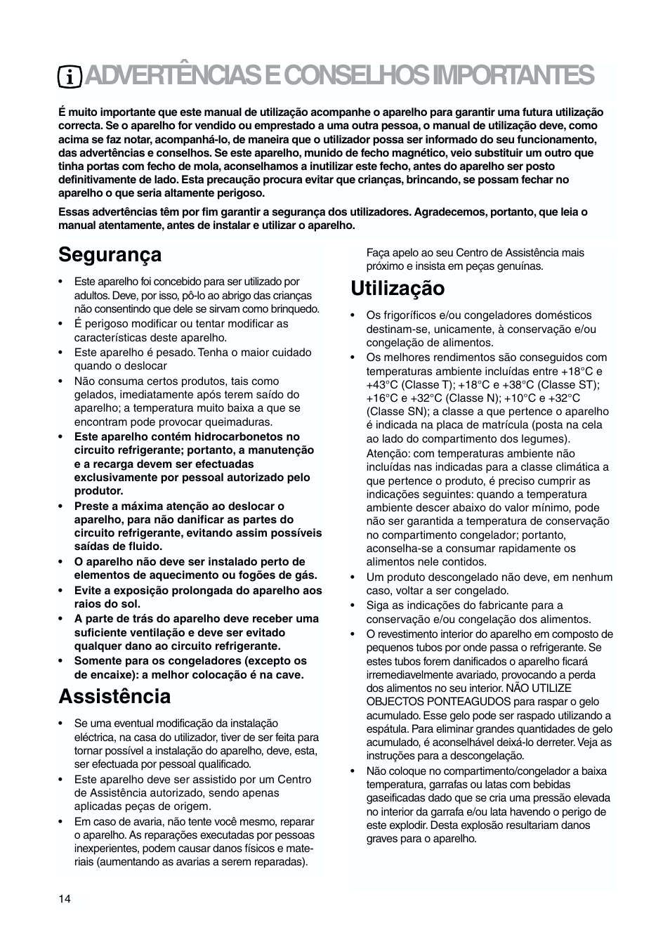 Advertências e conselhos importantes, Segurança, Assistência | Utilização | DE DIETRICH DFS620JE User Manual | Page 14 / 40