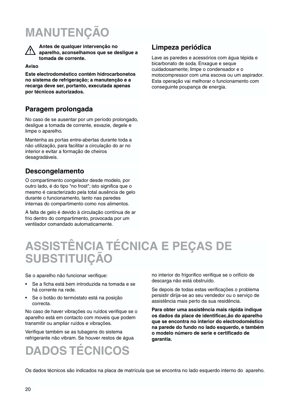 Assistência técnica e peças de substituição, Dados técnicos, Manutenção | DE DIETRICH DFS620JE User Manual | Page 20 / 40