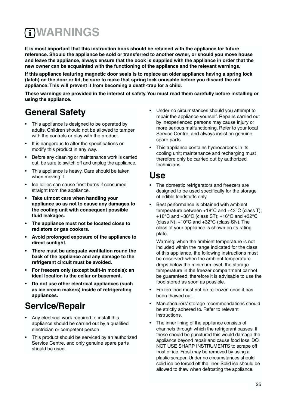 Warnings, General safety, Service/repair | DE DIETRICH DFS620JE User Manual | Page 25 / 40