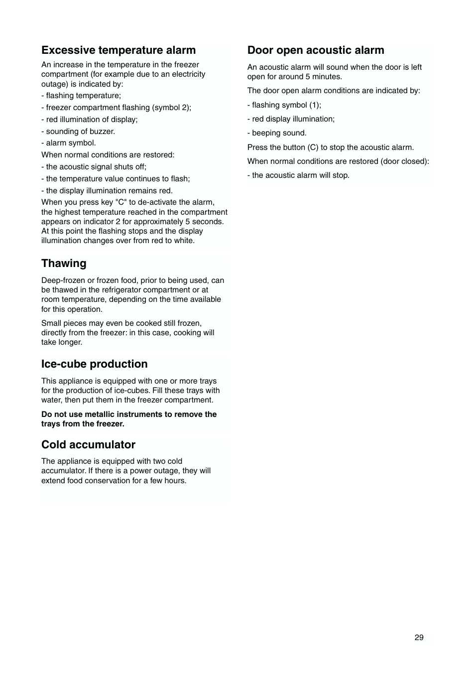 Excessive temperature alarm, Cold accumulator, Thawing | Ice-cube production, Door open acoustic alarm | DE DIETRICH DFS620JE User Manual | Page 29 / 40