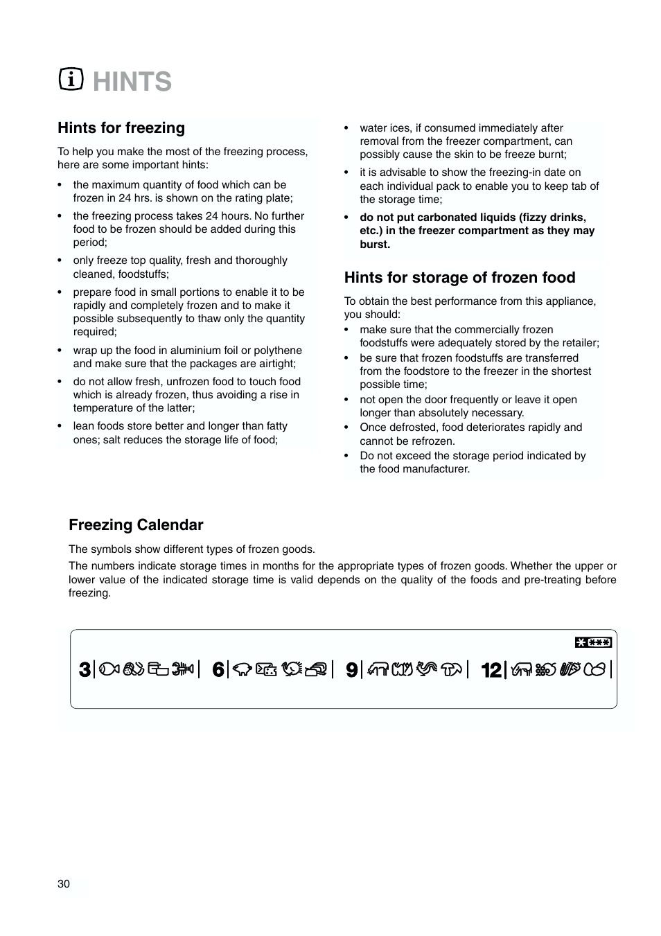 Hints, Hints for freezing, Hints for storage of frozen food | Freezing calendar | DE DIETRICH DFS620JE User Manual | Page 30 / 40