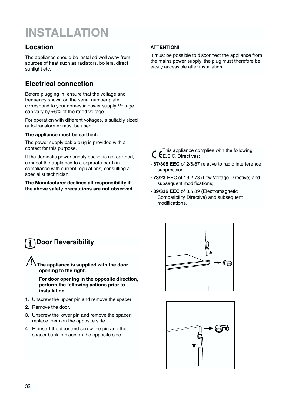 Installation, Location, Electrical connection | Door reversibility | DE DIETRICH DFS620JE User Manual | Page 32 / 40