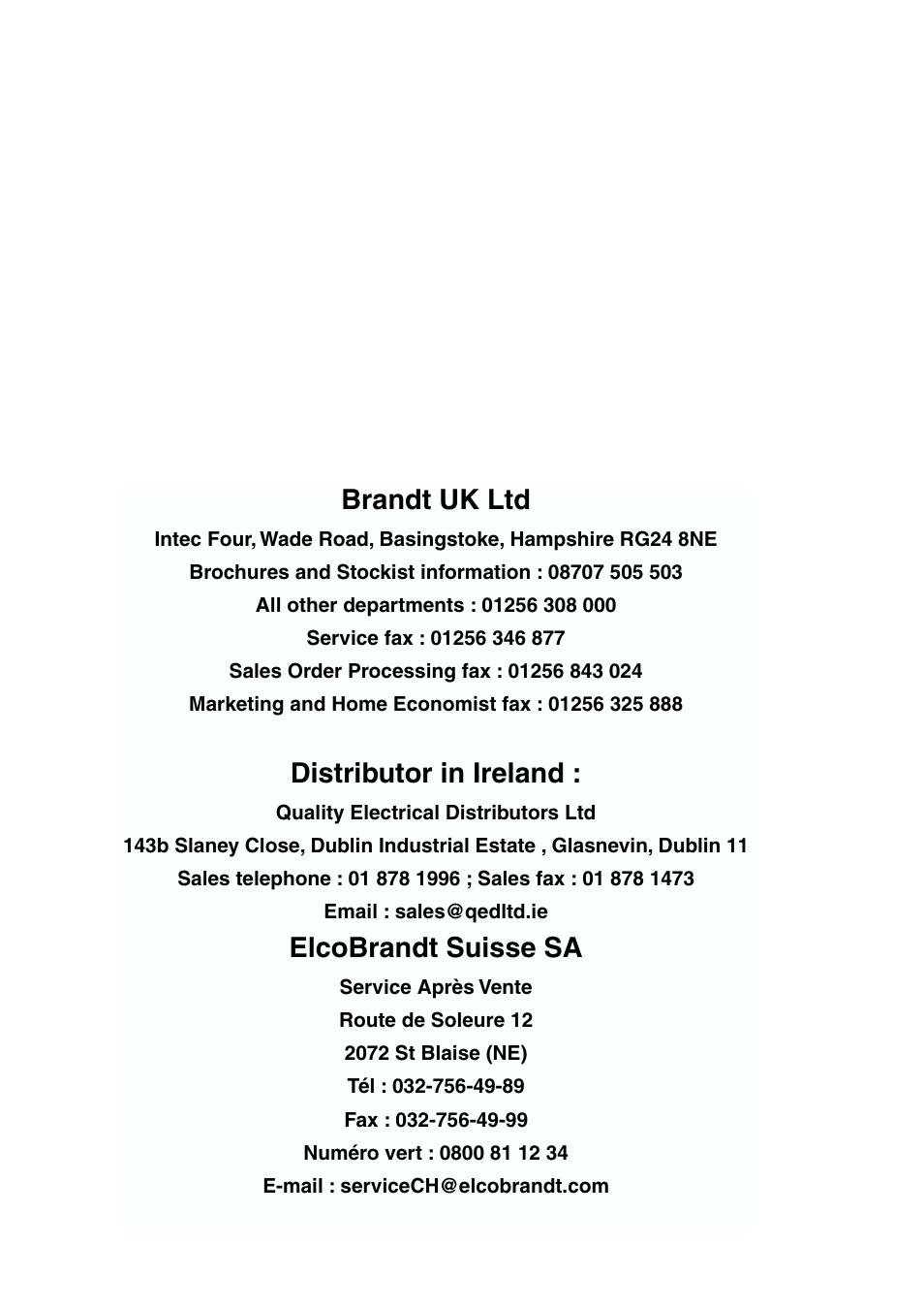 Brandt uk ltd, Distributor in ireland, Elcobrandt suisse sa | DE DIETRICH DFS620JE User Manual | Page 39 / 40