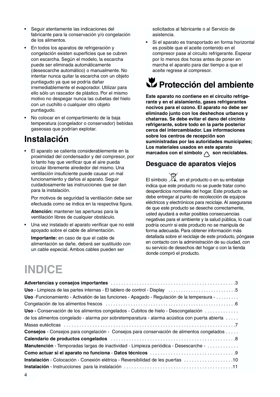 Indice, Protección del ambiente, Instalación | Desguace de aparatos viejos | DE DIETRICH DFS620JE User Manual | Page 4 / 40