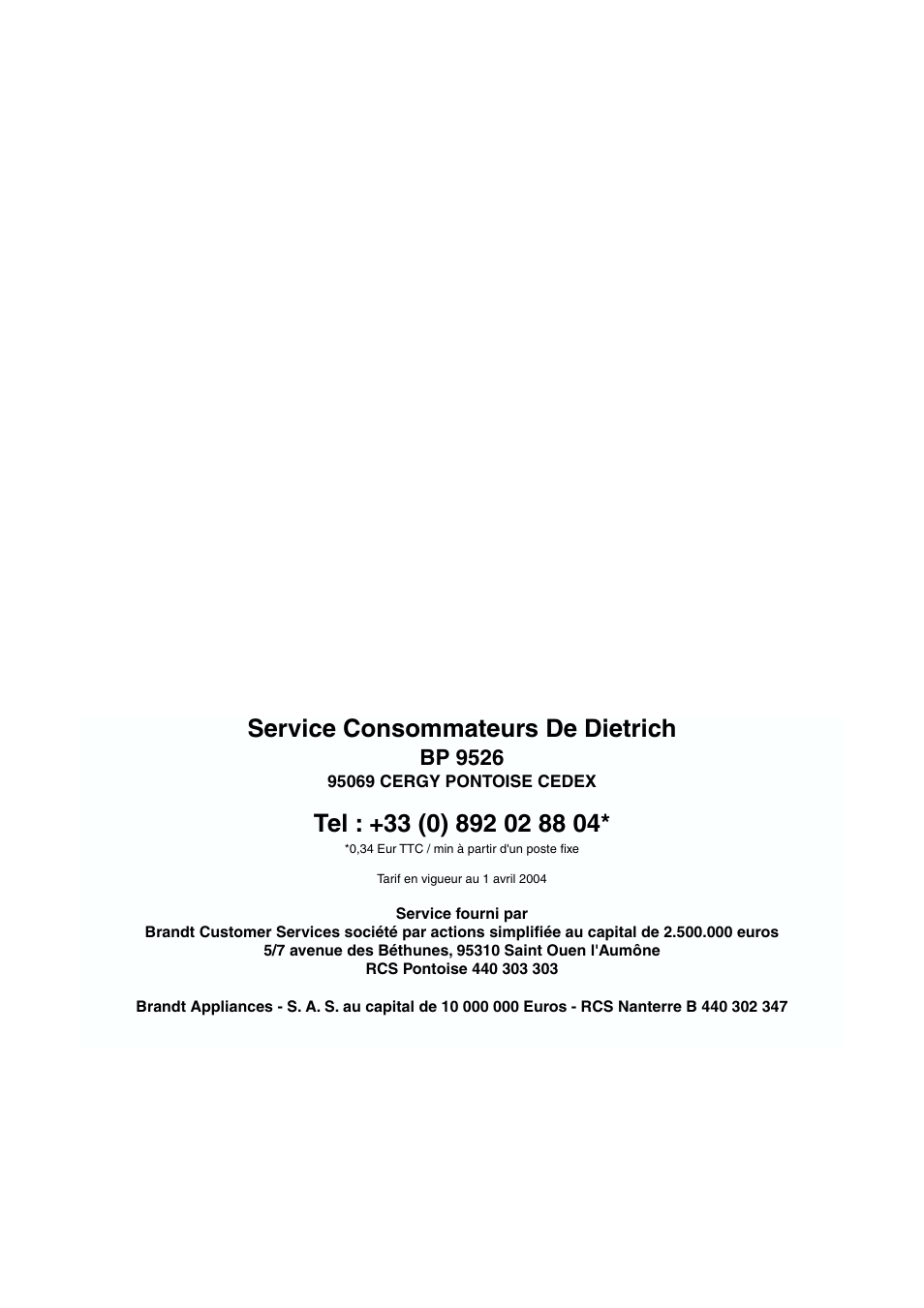 Service consommateurs de dietrich, Bp 9526 | DE DIETRICH DFS620JE User Manual | Page 40 / 40