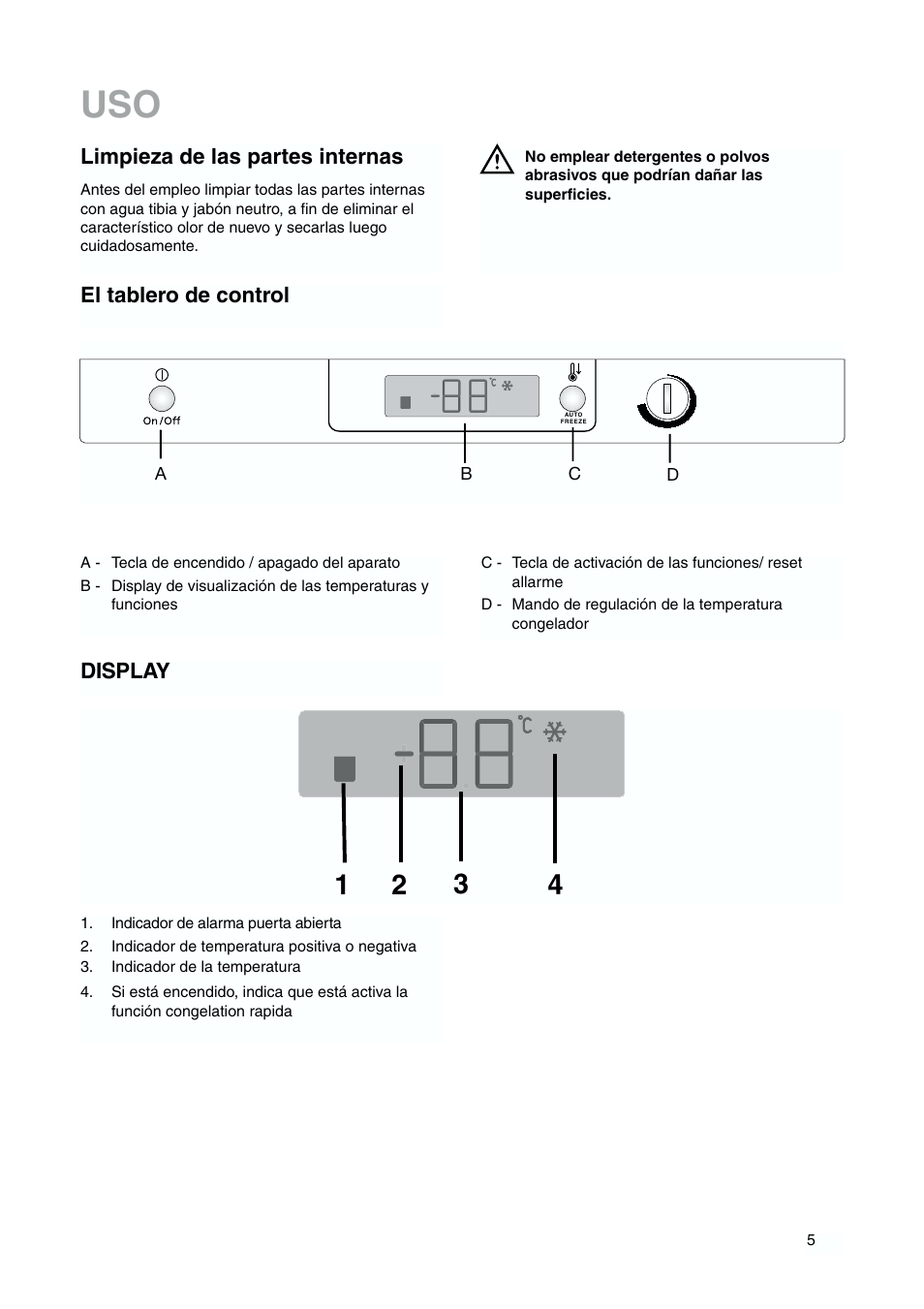 Limpieza de las partes internas, El tablero de control, Display | DE DIETRICH DFS620JE User Manual | Page 5 / 40