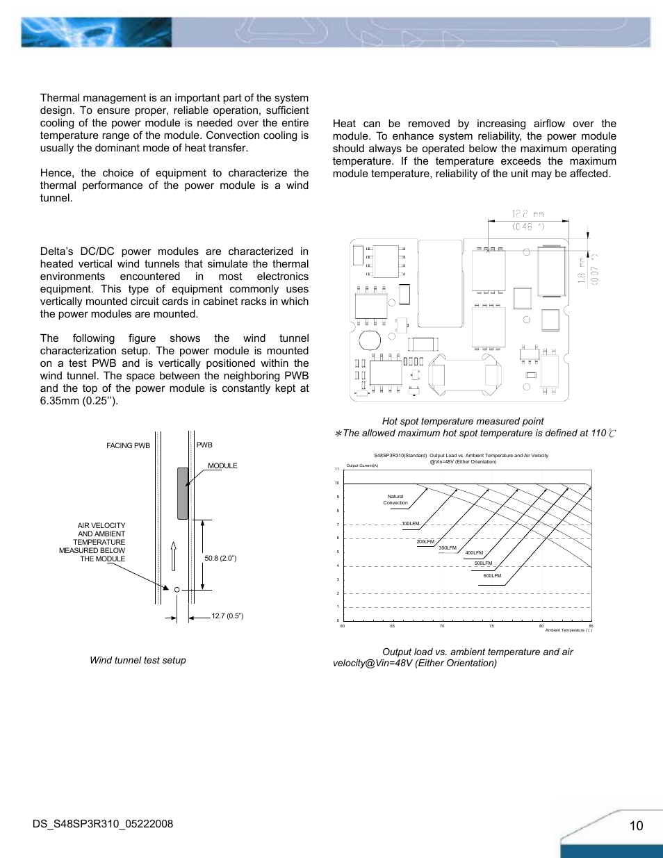 Thermal considerations, Thermal curves, Thermal testing setup | Thermal derating, Figure 19: wind tunnel test setup | Delta Electronics Series S48SP User Manual | Page 10 / 14