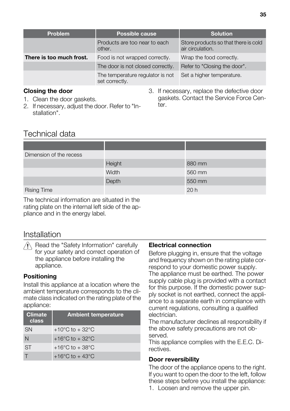 Technical data, Installation | DE DIETRICH DFS911JE User Manual | Page 9 / 15