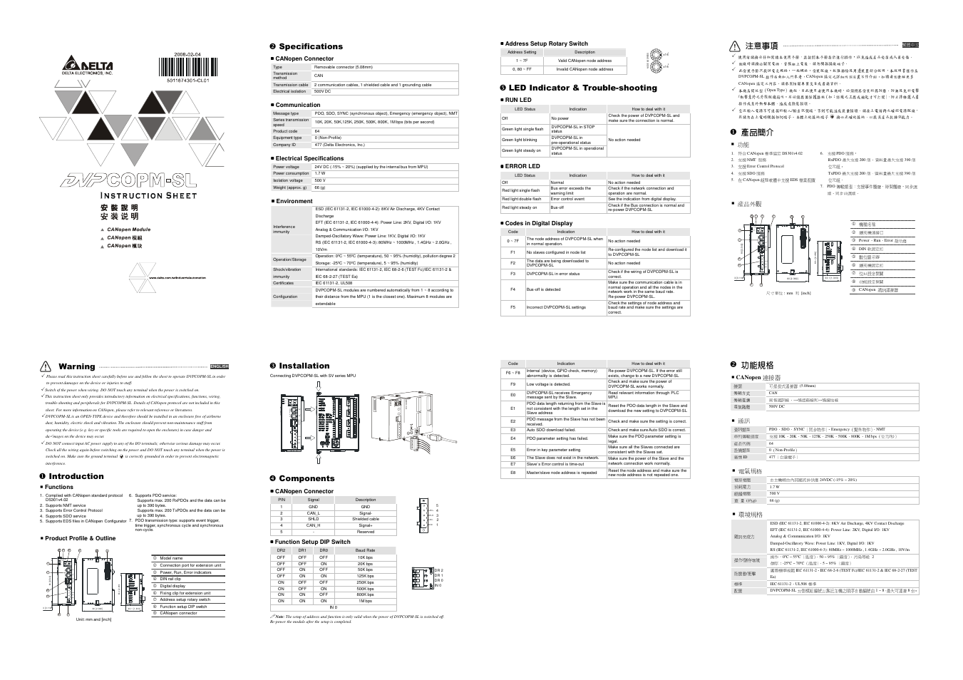 Delta Electronics CANopen Communication Module DVPCOPM-SL User Manual | 2 pages