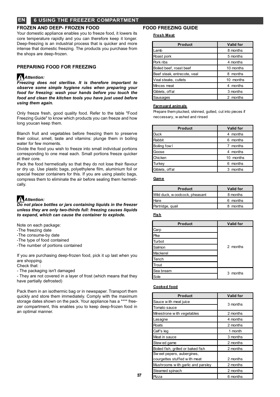 Frozen and deep- frozen food, Preparing food for freezing, Food freezing guide | 6 using the freezer compartment en | DE DIETRICH DKD845 User Manual | Page 16 / 22