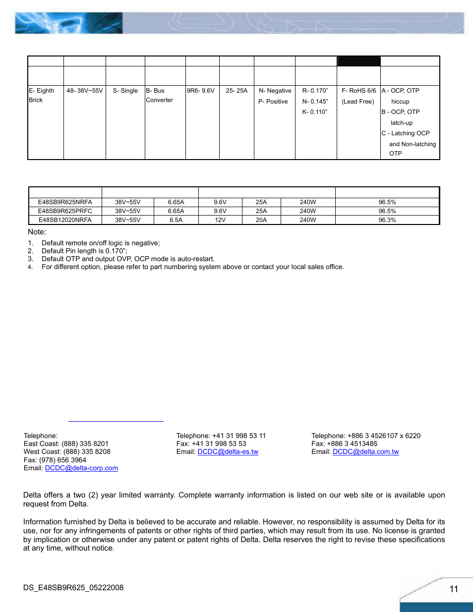 Part numbering system, Model list | Delta Electronics Series 240W User Manual | Page 11 / 11