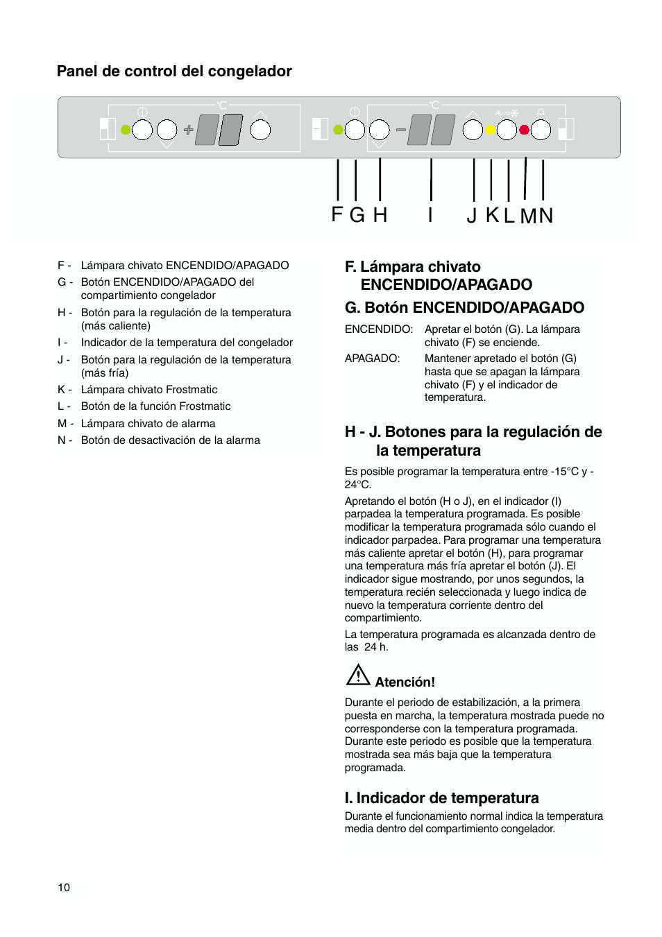 Panel de control del congelador, I. indicador de temperatura | DE DIETRICH DKH876 User Manual | Page 10 / 60