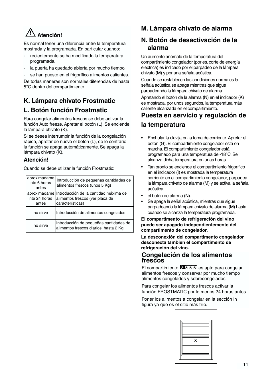 Puesta en servicio y regulación de la temperatura, Congelación de los alimentos frescos | DE DIETRICH DKH876 User Manual | Page 11 / 60