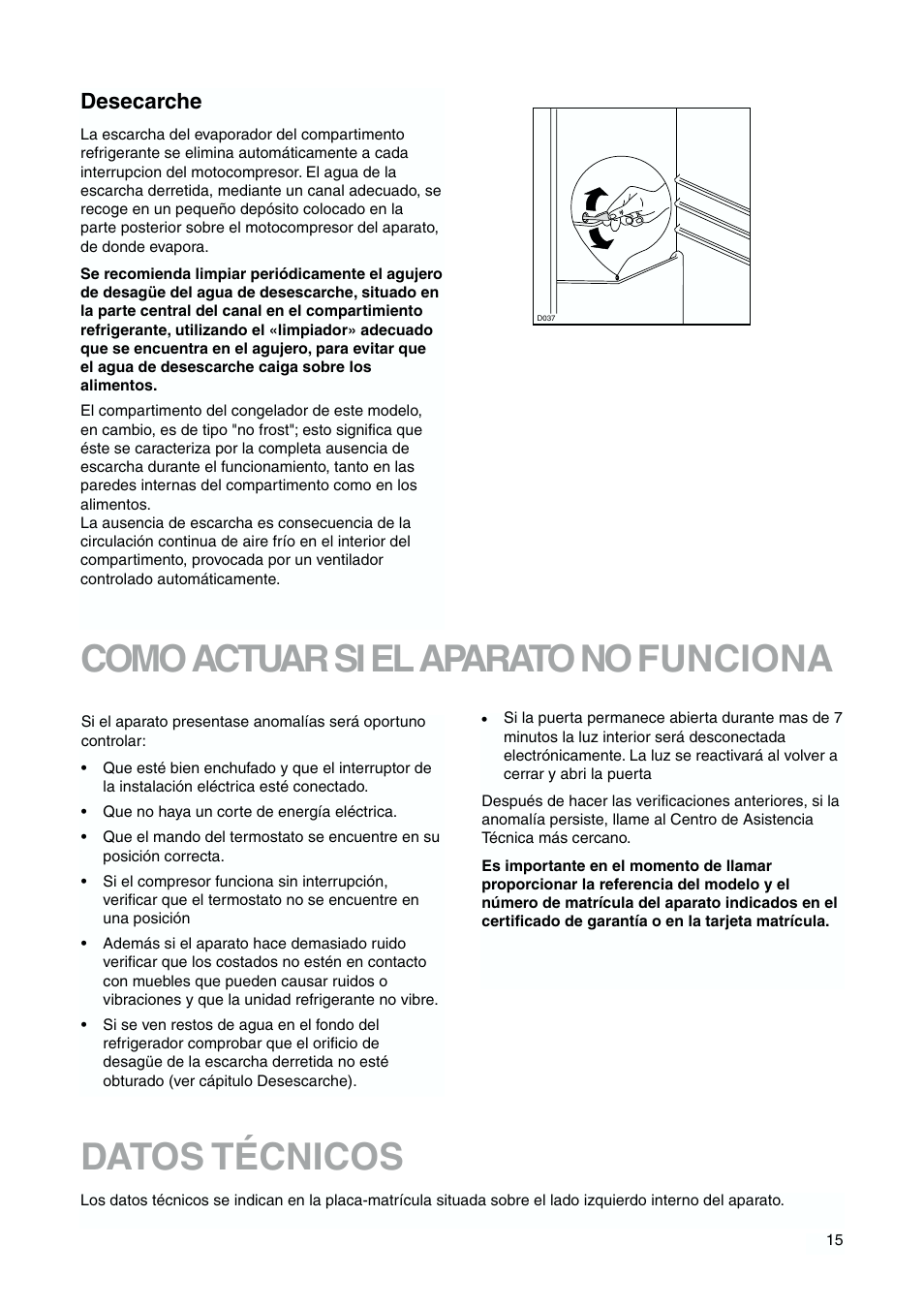 Como actuar si el aparato no funciona, Datos técnicos, Desecarche | DE DIETRICH DKH876 User Manual | Page 15 / 60