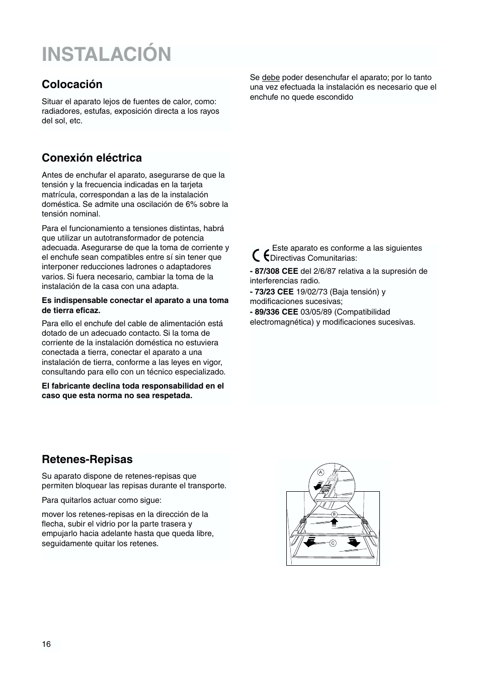 Instalación, Colocación, Conexión eléctrica | Retenes-repisas | DE DIETRICH DKH876 User Manual | Page 16 / 60