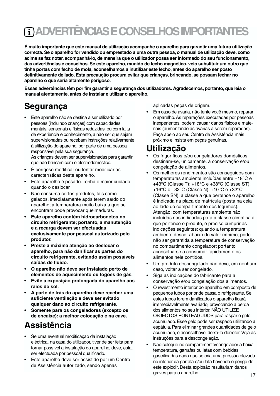 Advertências e conselhos importantes, Segurança, Assistência | Utilização | DE DIETRICH DKH876 User Manual | Page 17 / 60