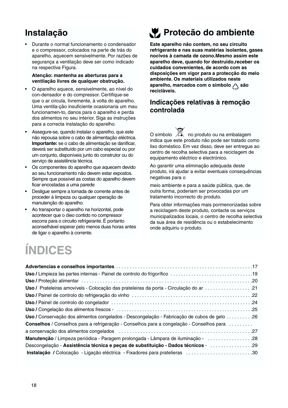 Índices, Instalação, Protecão do ambiente | Indicações relativas à remoção controlada | DE DIETRICH DKH876 User Manual | Page 18 / 60