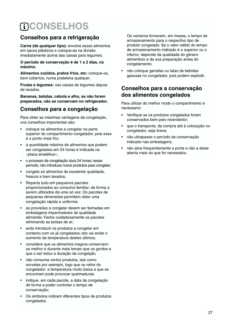 Conselhos, Conselhos para a refrigeração, Conselhos para a congelação | DE DIETRICH DKH876 User Manual | Page 27 / 60