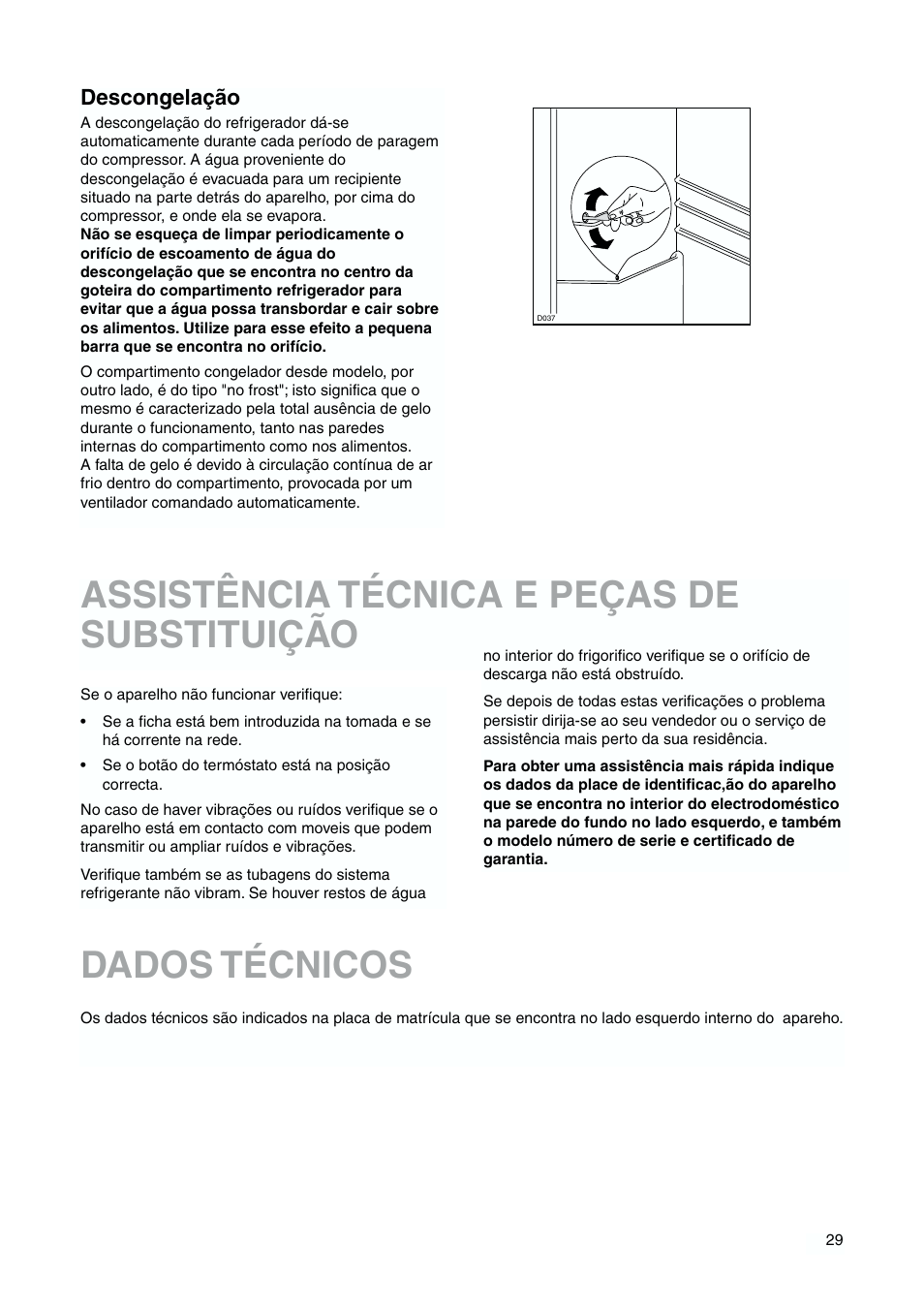 Assistência técnica e peças de substituição, Dados técnicos, Descongelação | DE DIETRICH DKH876 User Manual | Page 29 / 60