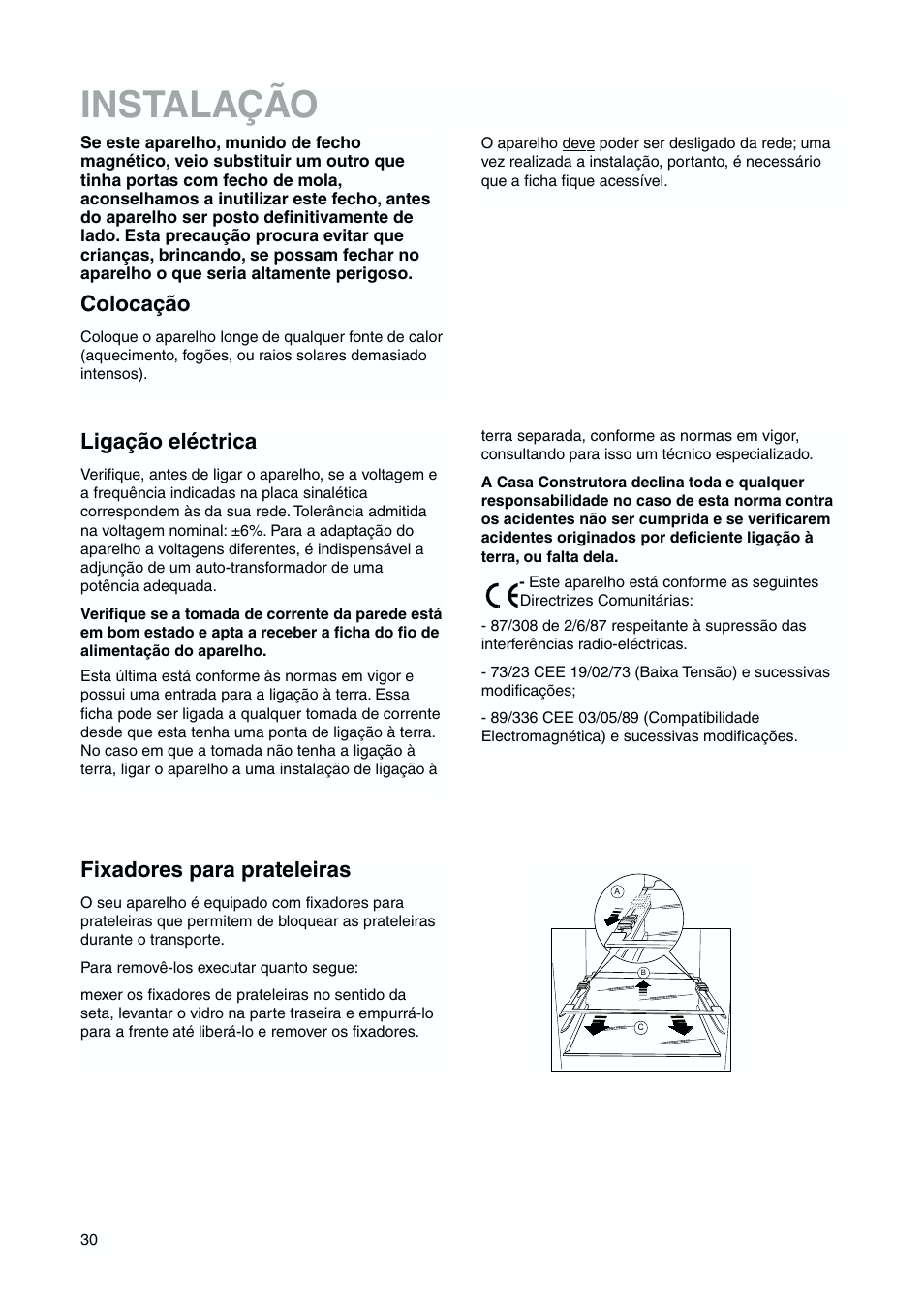 Instalação, Colocação, Fixadores para prateleiras | Ligação eléctrica | DE DIETRICH DKH876 User Manual | Page 30 / 60