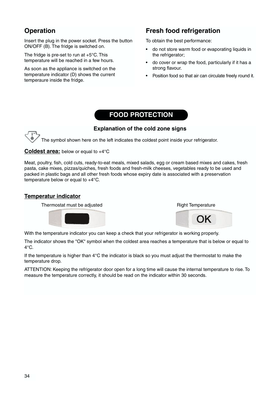 Fresh food refrigeration, Operation, Food protection | DE DIETRICH DKH876 User Manual | Page 34 / 60