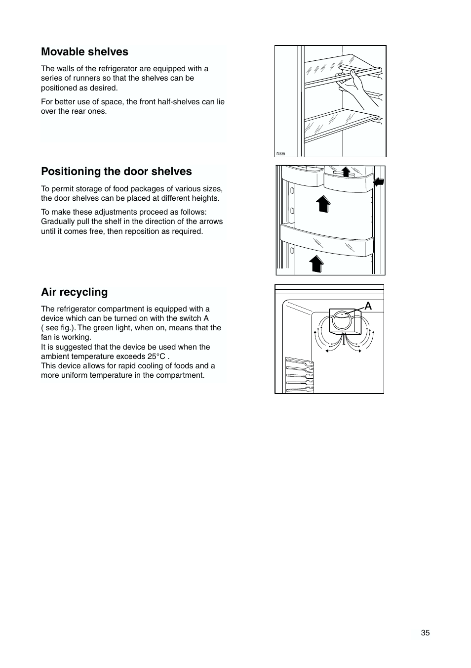 Movable shelves, Positioning the door shelves, Air recycling | DE DIETRICH DKH876 User Manual | Page 35 / 60